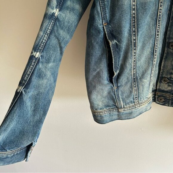 DIESEL Elshar Denim Distressed Jacket Blue Cow Leather Collar Biker - Picture 12 of 15